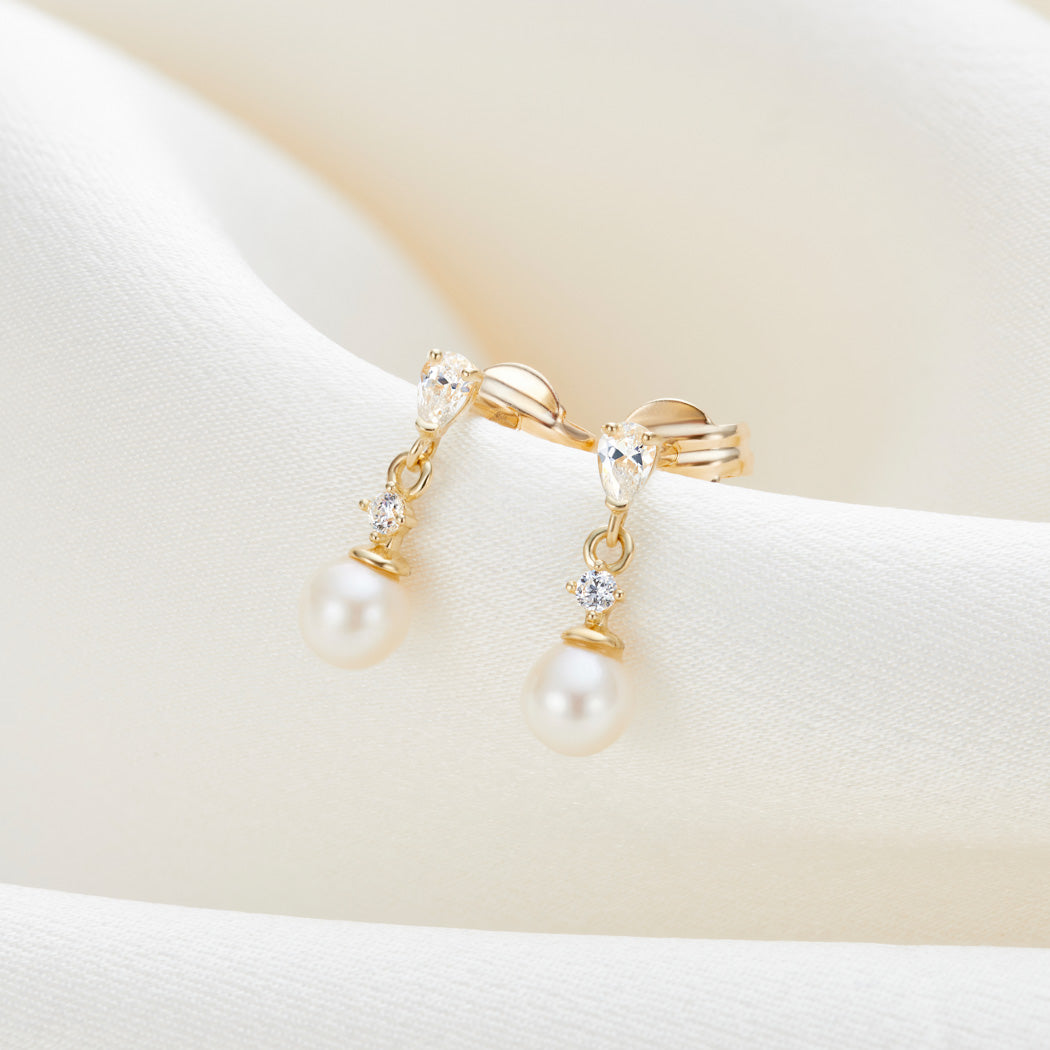 9ct Solid Gold Mini Diamanté Dangly Pearl Stud Earrings - Aurora