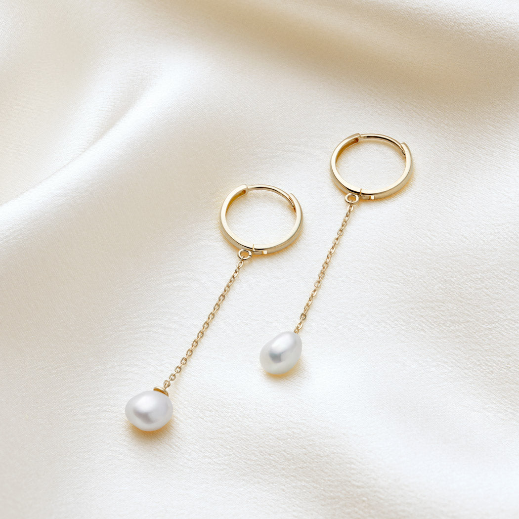 9ct Gold Chain Drop Pearl Hoop Earrings - Tania