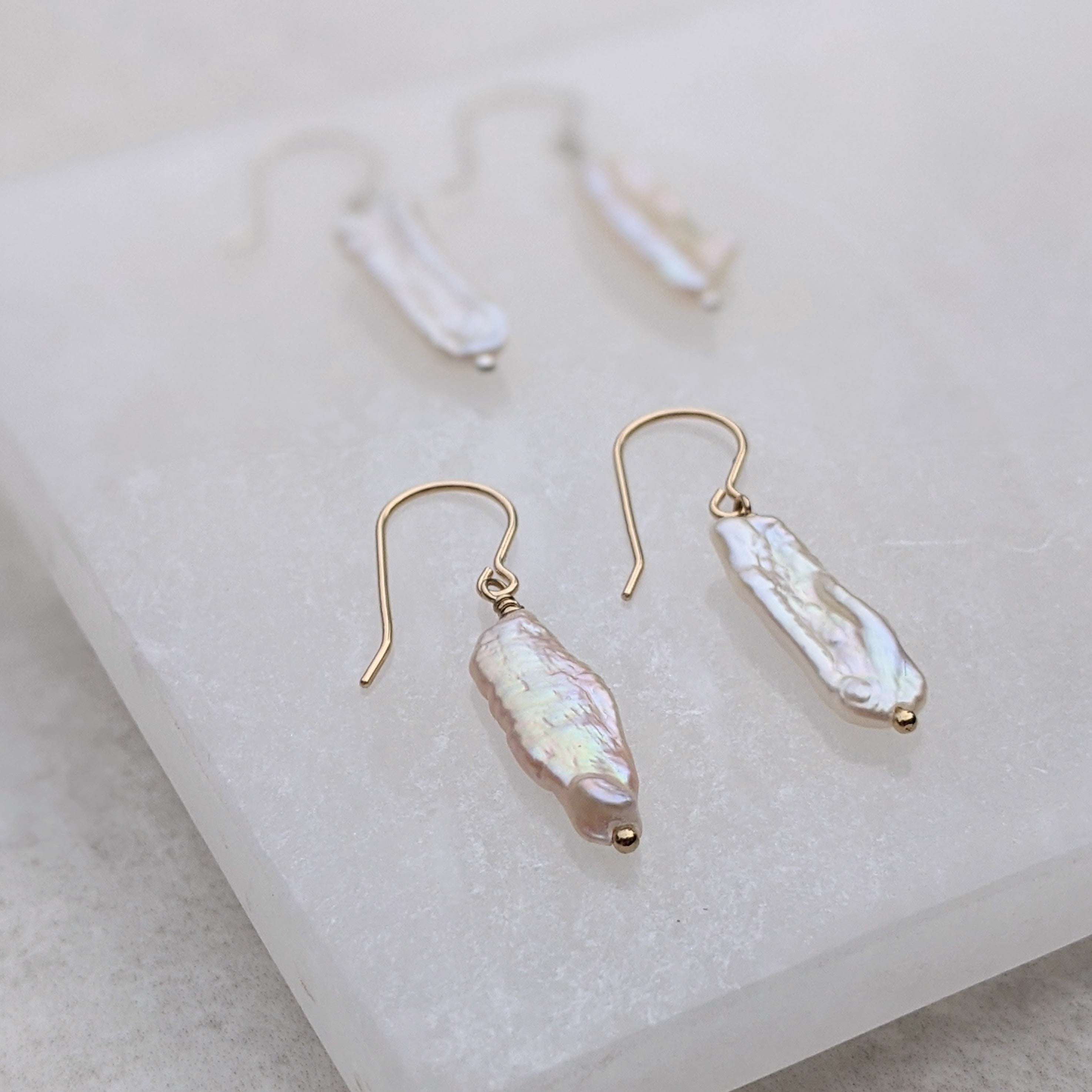 Biwa stick pearl gold hook earrings