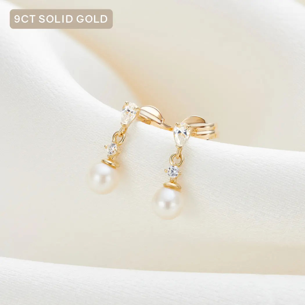 9ct Solid Gold Mini Diamanté Dangly Pearl Stud Earrings - Aurora