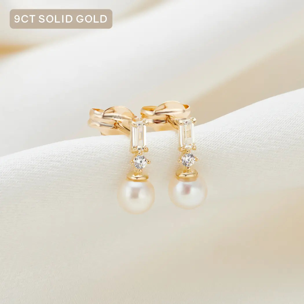 9ct Gold Mini Rectangular Pearl Drop Stud Earrings - Lilith