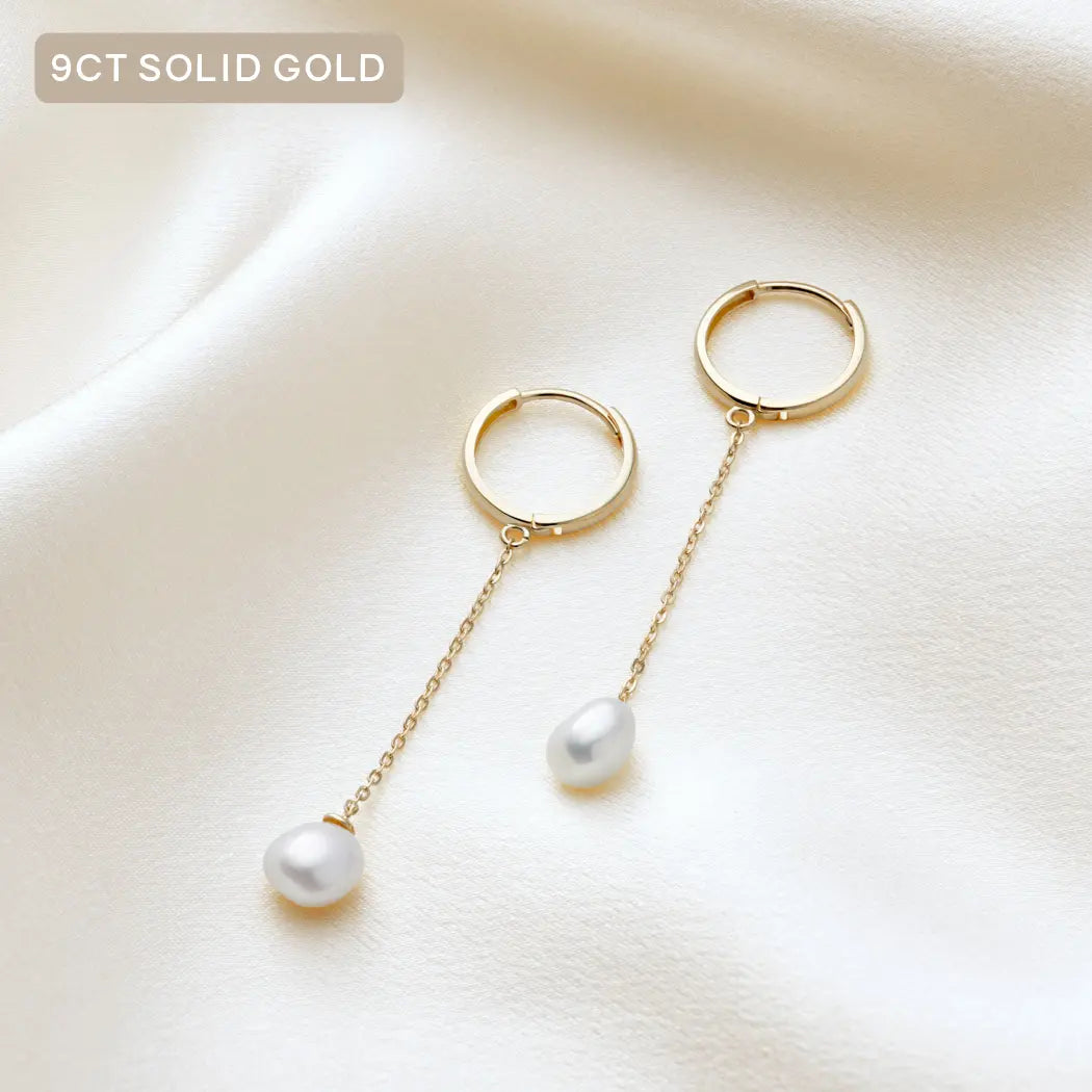 9ct Gold Chain Drop Pearl Hoop Earrings - Tania