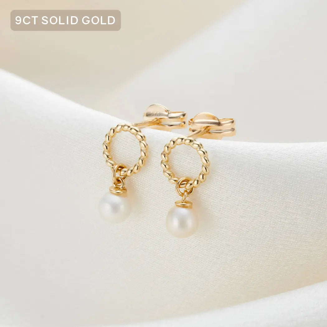 9ct Solid Gold Tiny Twisted Open Circle Pearl Drop Stud Earrings  - Carrie