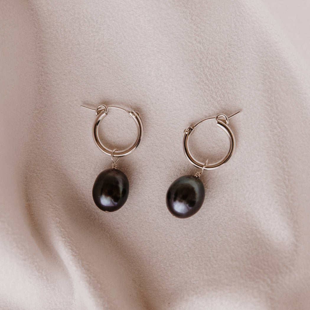 Large Black Pearl Drop Hoop Earring - Sia