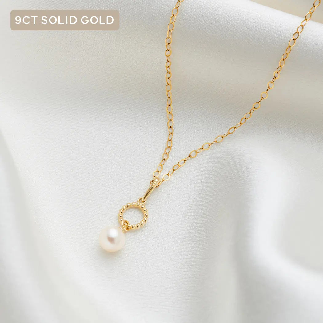 9ct Solid Gold Tiny Twisted Open Circle Pearl Drop Pendant Necklace - Carrie