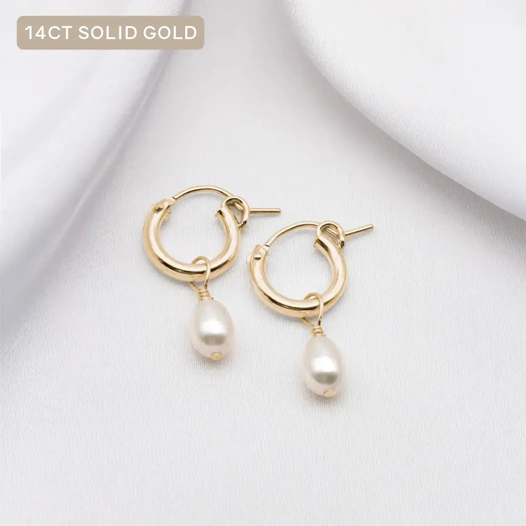 14ct Solid Gold Pearl Hoop Earrings