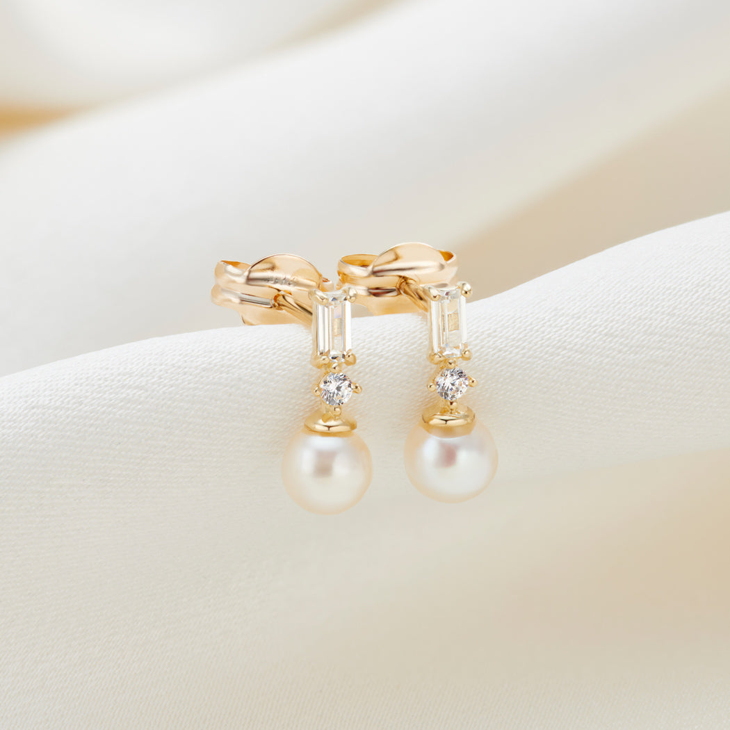 9ct Gold Mini Rectangular Pearl Drop Stud Earrings - Lilith