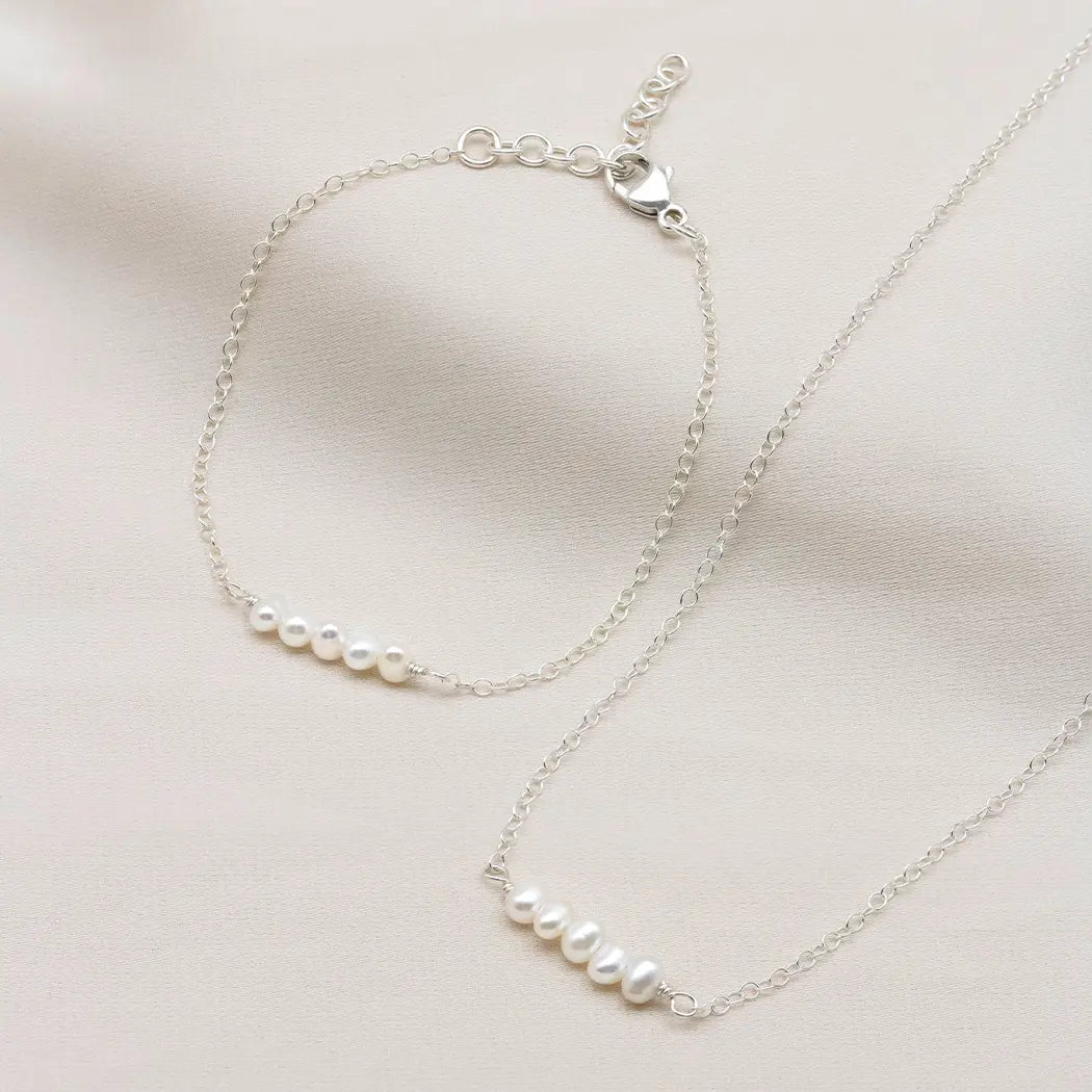 Tiny Pearl Bar Necklace and Bracelet Set - Eliana