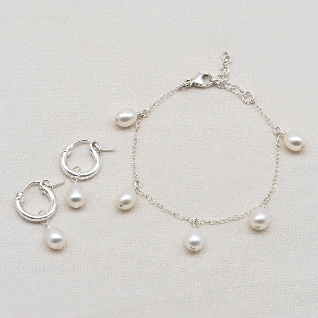 Five Pearl Bracelet and Hoop Earring Set - Annalise