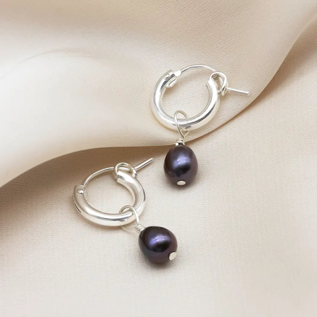 Small Black Pearl Hoop Earrings