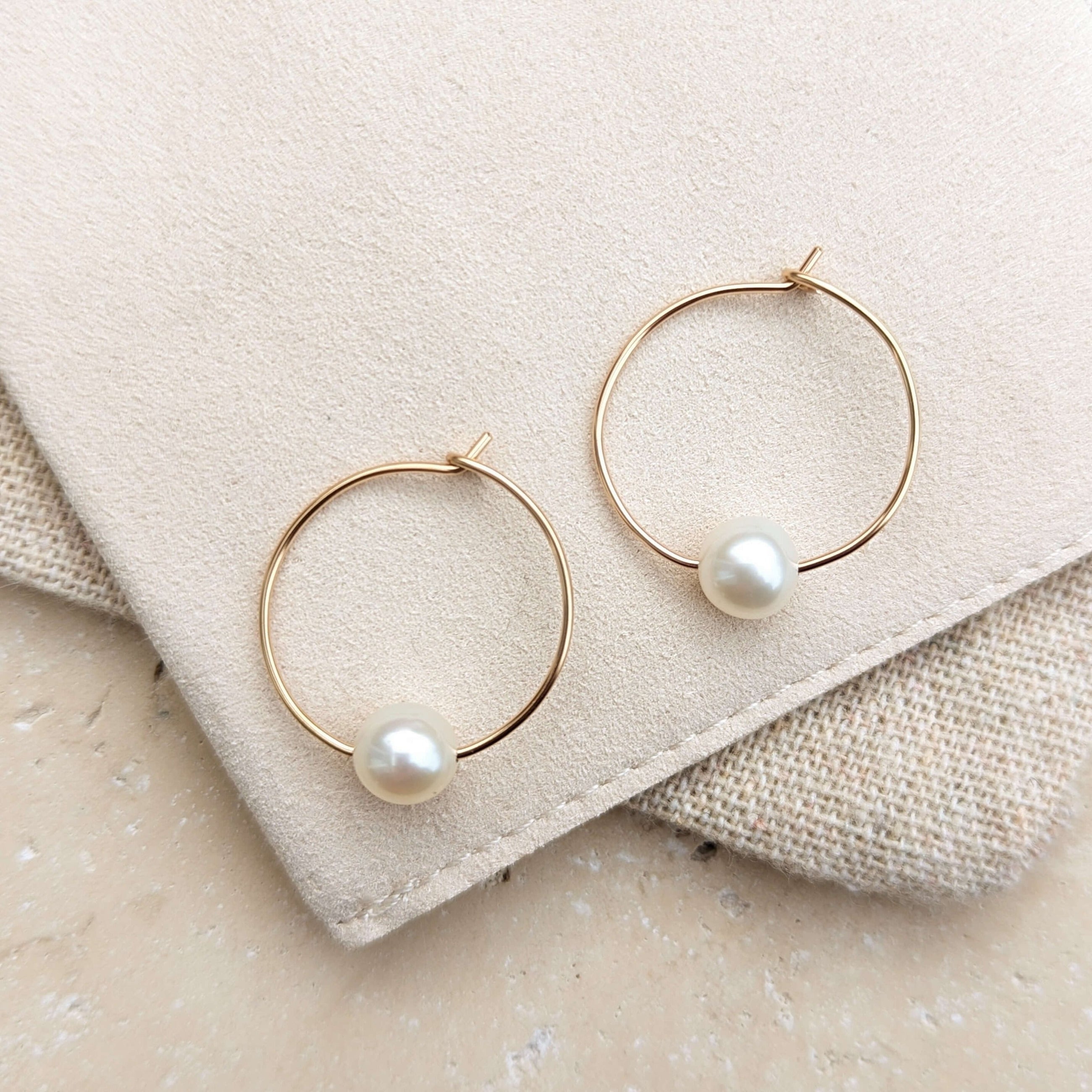 Wire Hoop Round Pearl Earrings - Kiri & Belle