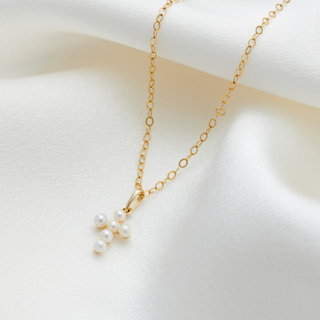 9ct Solid Gold Tiny Pearl Cross Charm Necklace